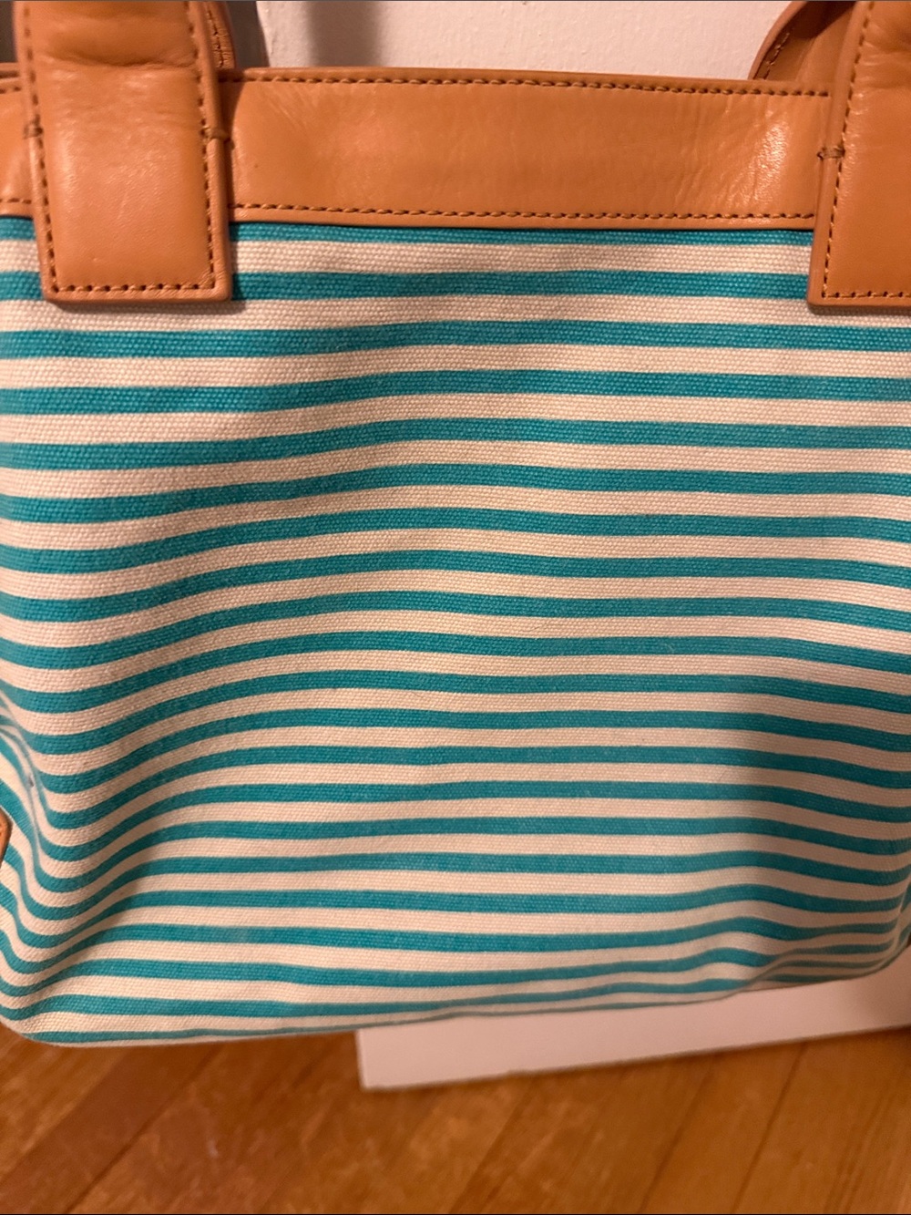 Tory Burch Teal and White Striped Canvas Tote with Tan Leather Trim - Picture 3 of 5